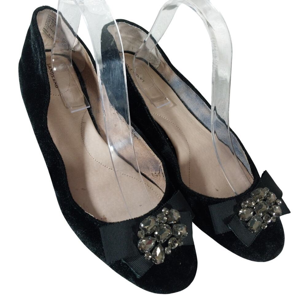 LANDS' END! BLACK VELVET & GROSGRAIN RIBBON BOW, RHINESTONE FLATS! SZ 9.5B